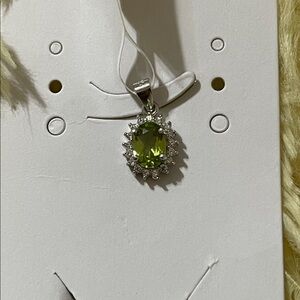 NWT Natural Peridot 7X5mm Oval Pendant with CZ accents 925 Sterling Silver